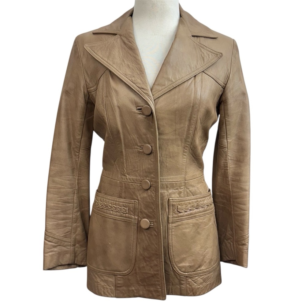 70s Vintage SILTON Light Brown Womens Leather Jacket Dagger Collar 9/10 Small